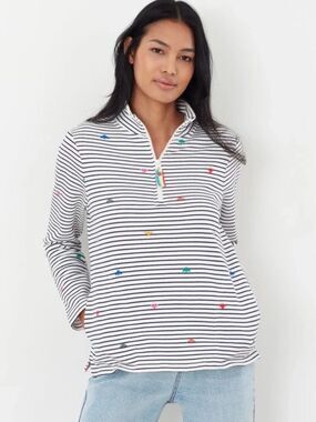 Joules Rainbow Bees Navy Blue and White Stripe Funnel Neck Half Zip Pullover 8